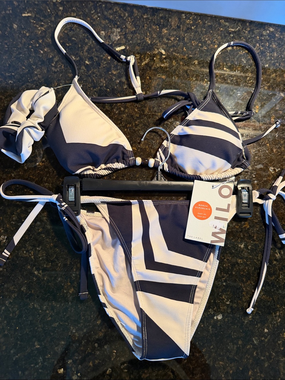 NWT WILO The Label Black & Cream Striped String Bikini Set size L
